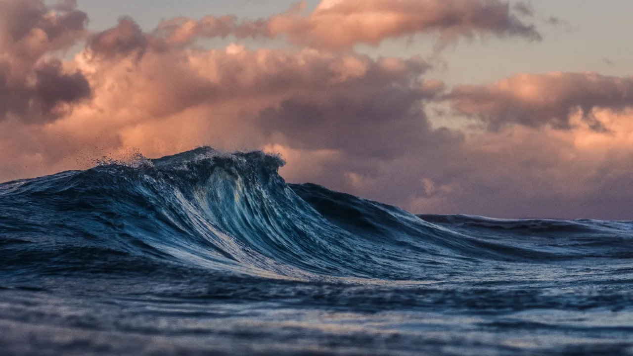 A blue ocean wave under a cotton candy-colored sky.