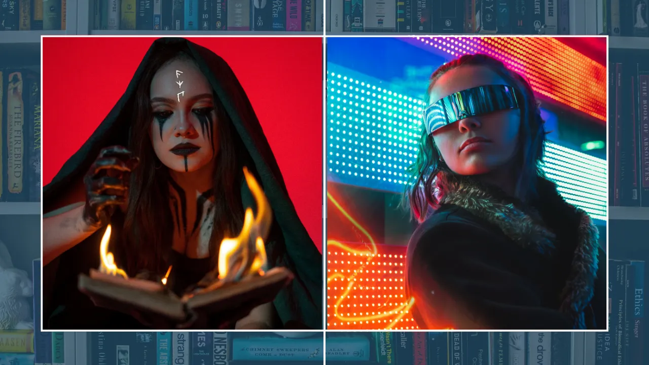 (Left): Dark-haired female with a black cloak over her head, glowing symbols on her forehead, and holding a burning book. (Right): Female in front of neon light fixture wearing a thick coat, with a metallic covering over her eyes.