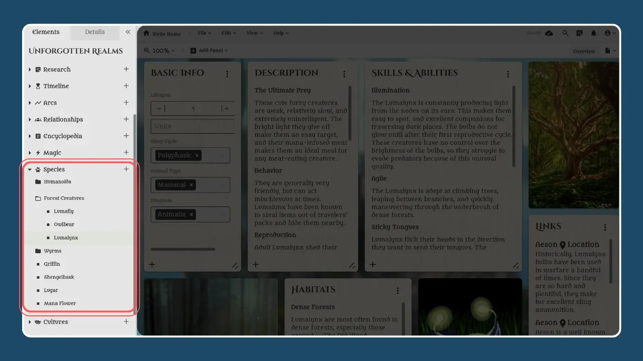 Access your Species Module elements and folders in the left sidebar.