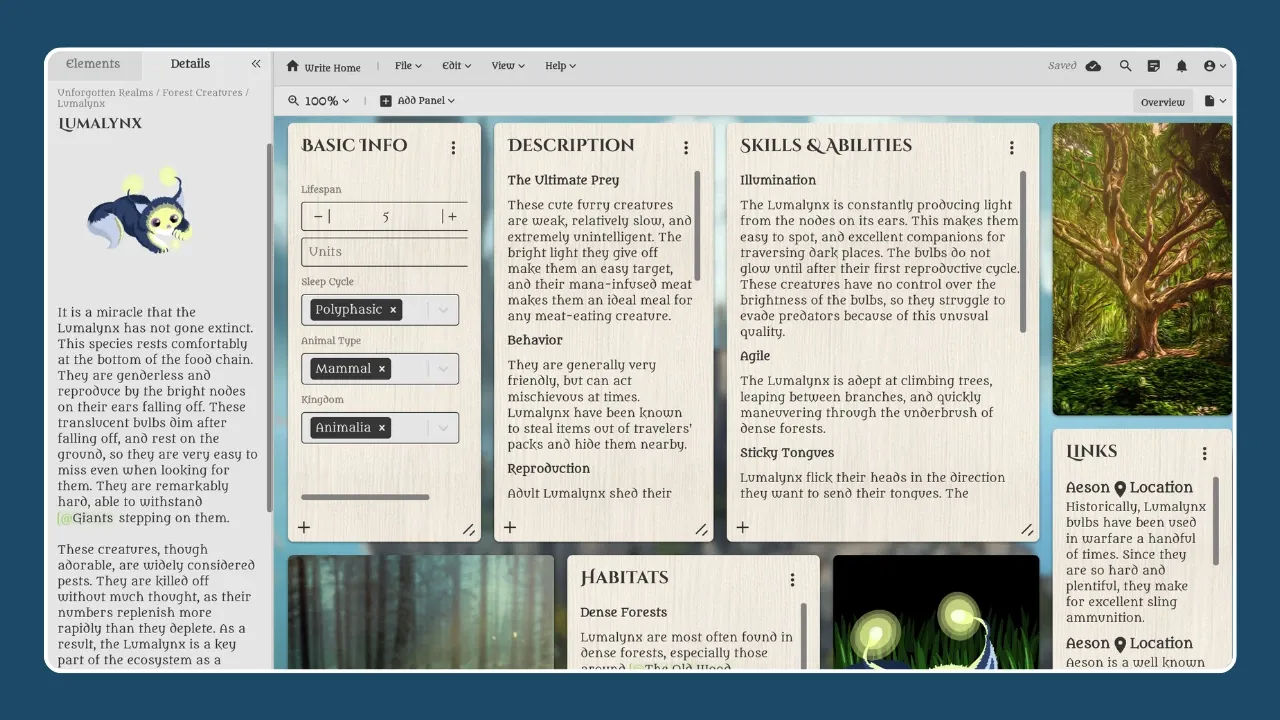 Sample Species element in Campfire using a fictional creature called the Lumalynx.