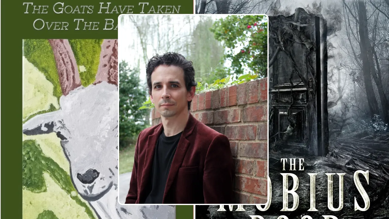 Portrait of indie author Andrew Najberg with two of his books in the background.