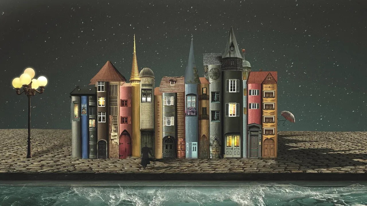 Fantasy houses shaped like books on a cobblestone street against a starry night backdrop.