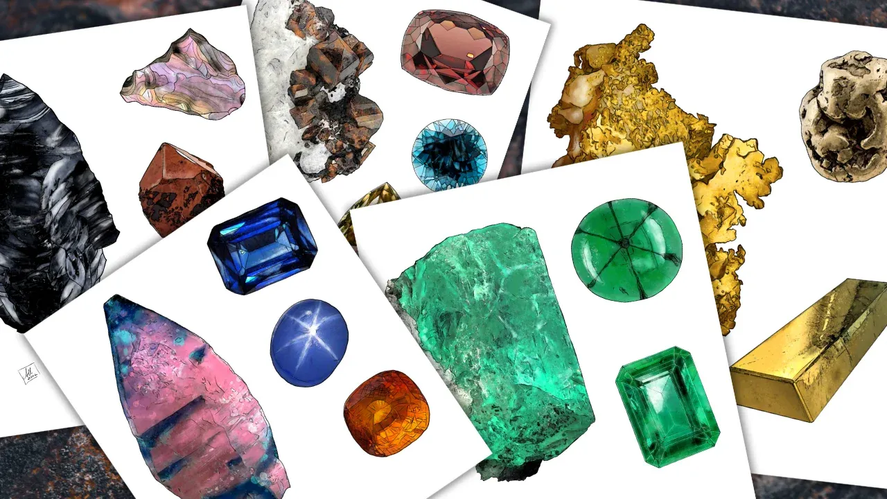 Illustrated graphics of obsidian, sapphire, emerald, gold, and zircon.