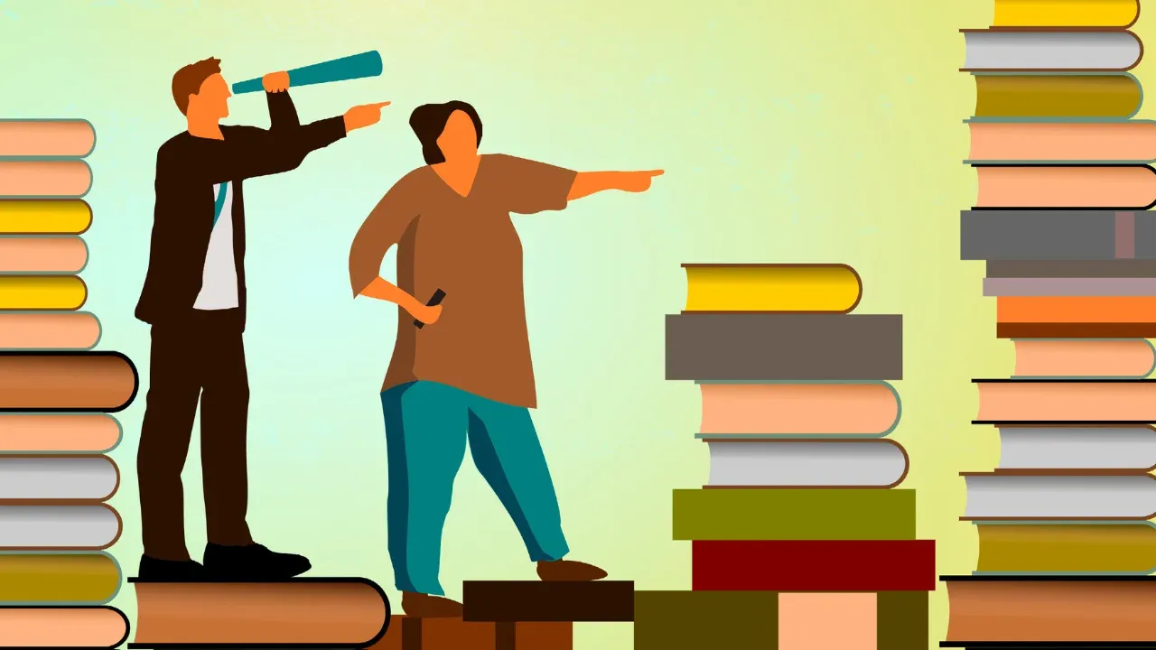 Illustrated male and female figures navigating a life-sized stack of books, each pointing in a direction.