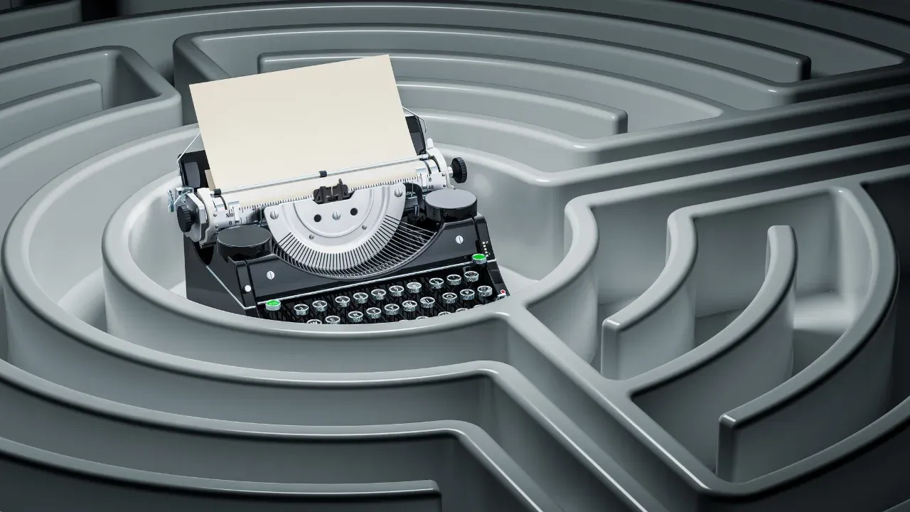Old school-styled typewriter sitting in the middle of a maze.
