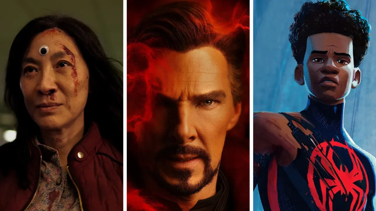 Movie screenshots featuring Michelle Yeoh, Benedict Cumberbatch, and Miles Morales (voice by Shameik Moore).