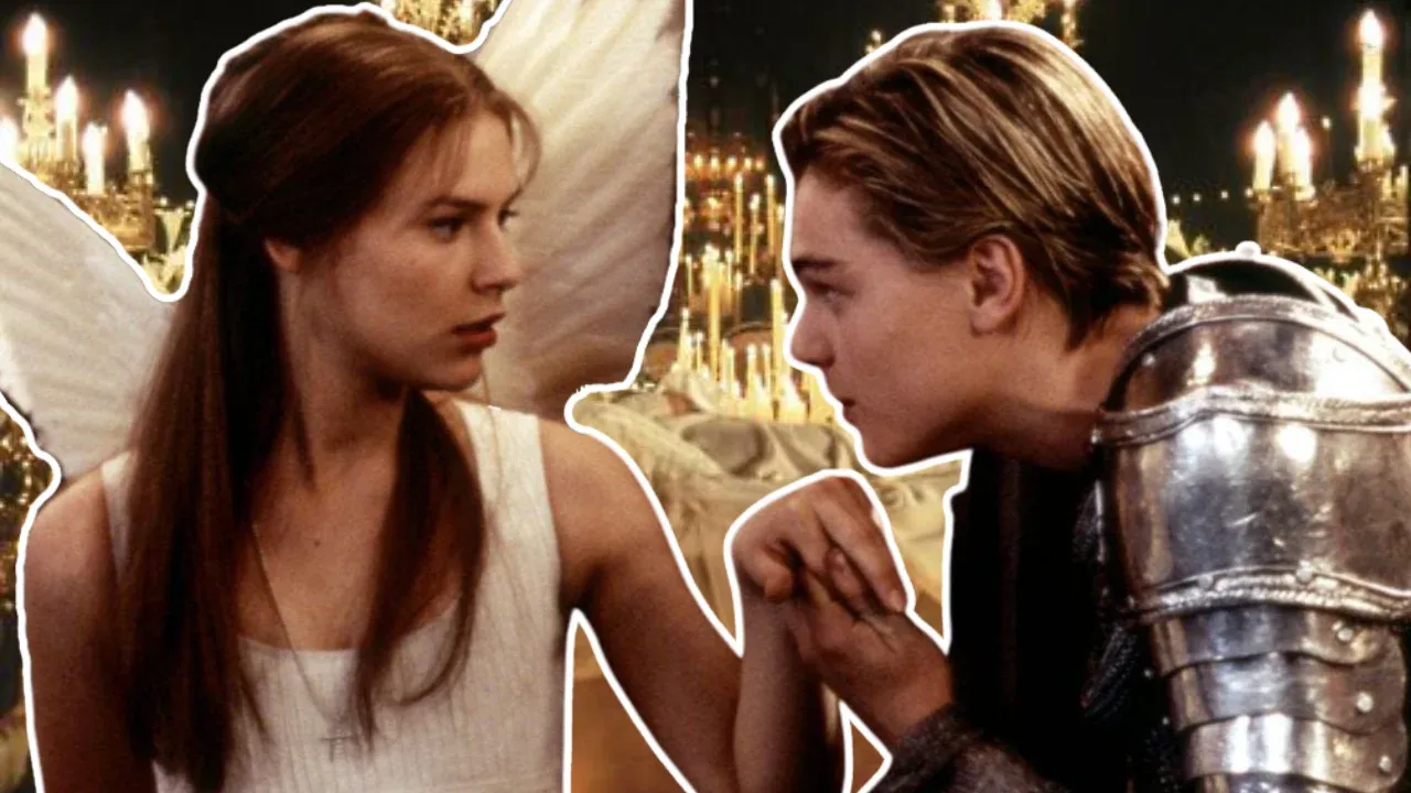 Claire Danes and Leonardo DiCaprio as the titular couple in Baz Luhrmann's 1996 film Romeo + Juliet.