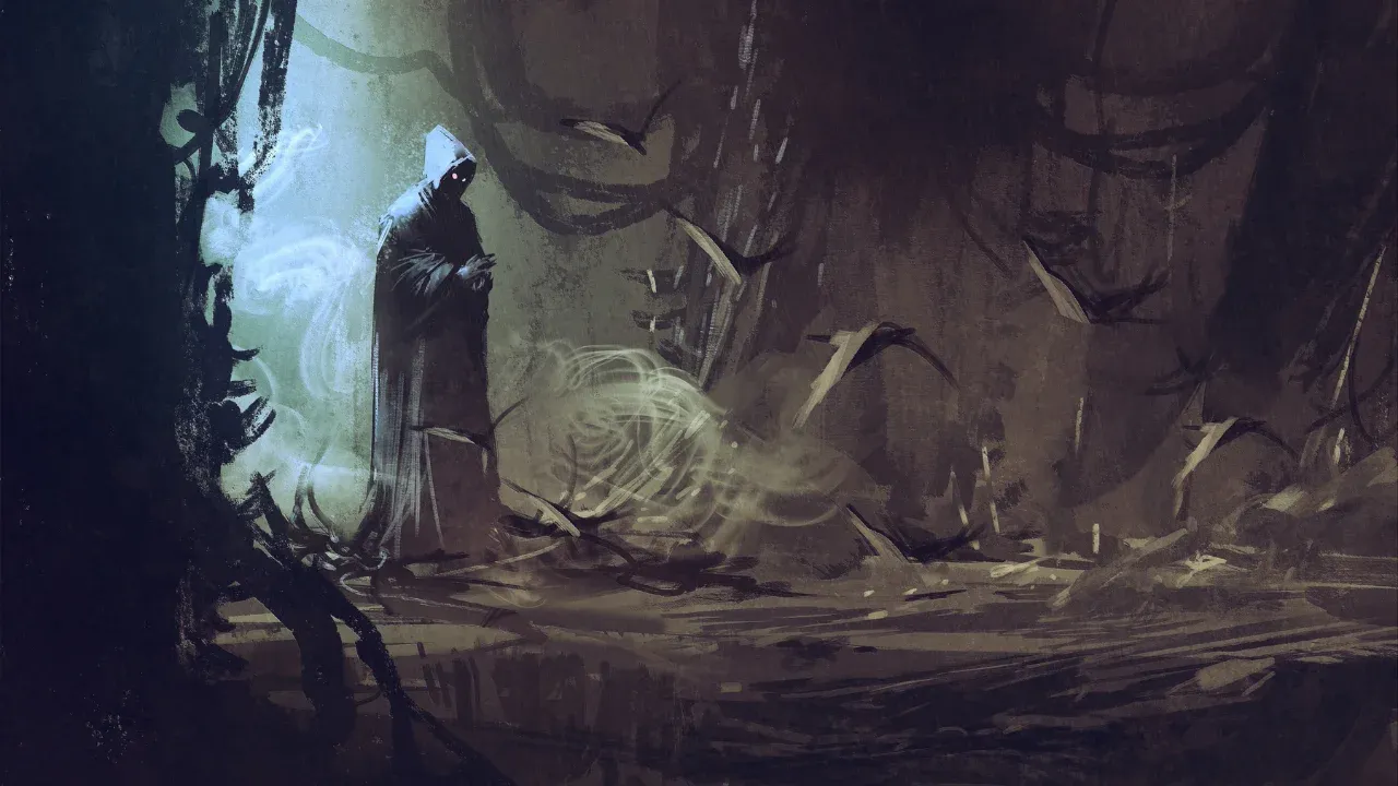 Wizard in dark cloak walking through mysterious forest.