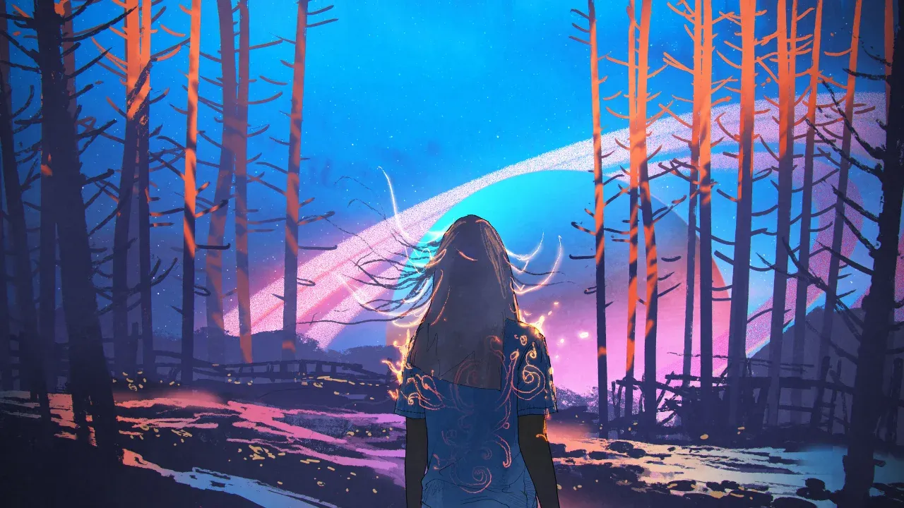 Woman standing alone in forest with fictional planets background.