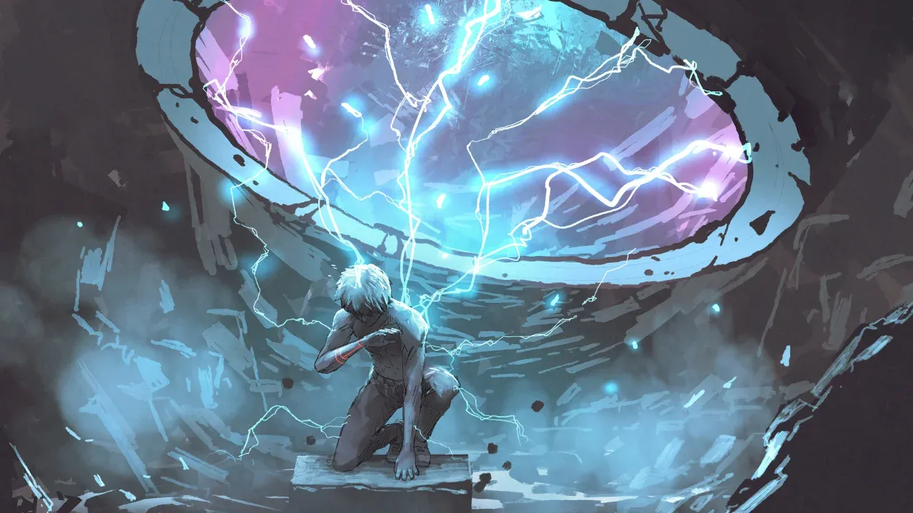 Mysterious character sitting under futuristic portal in sci-fi concept setting.
