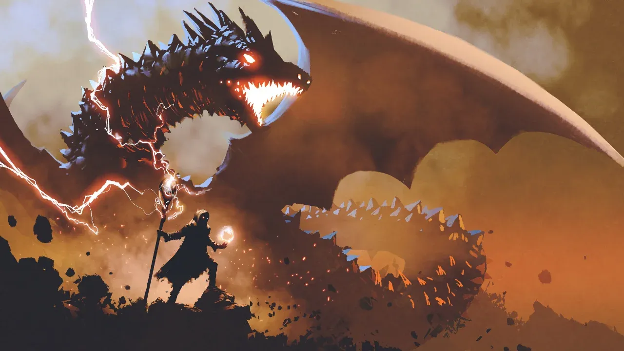 Dark wizard with magic staff summoning dragon.