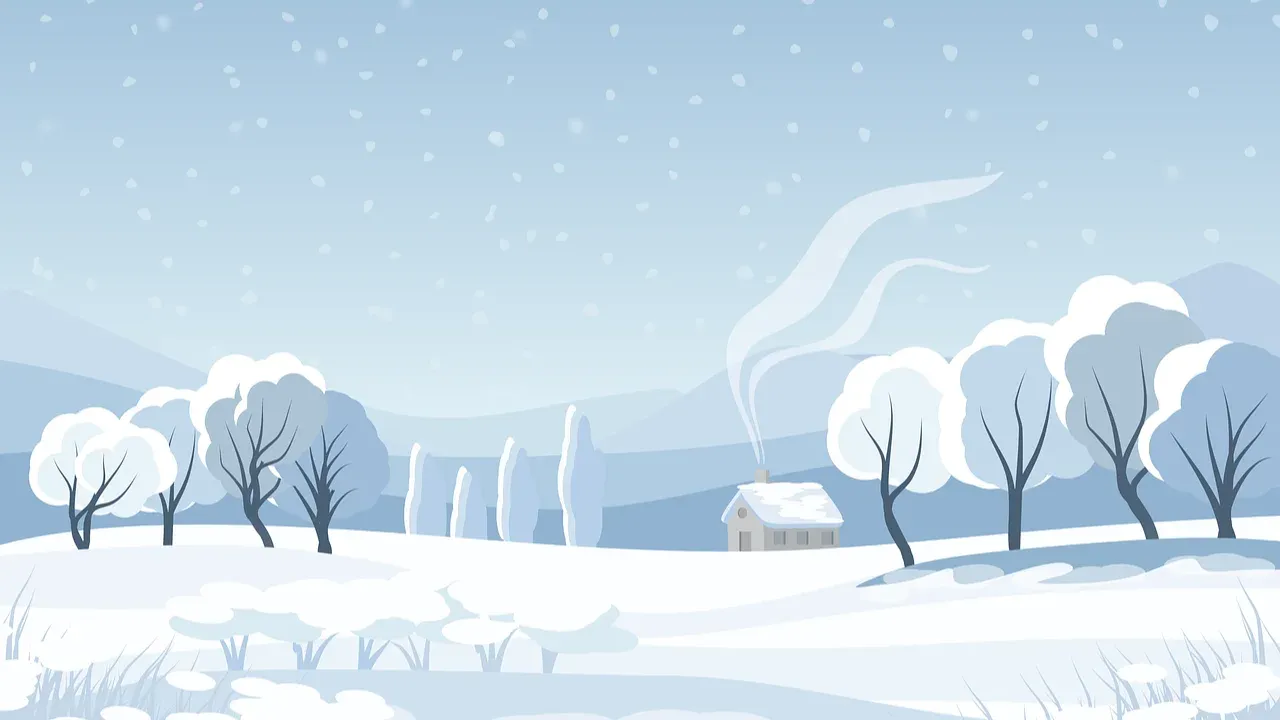 Snow-covered cabin among white trees in illustrated winter scene.