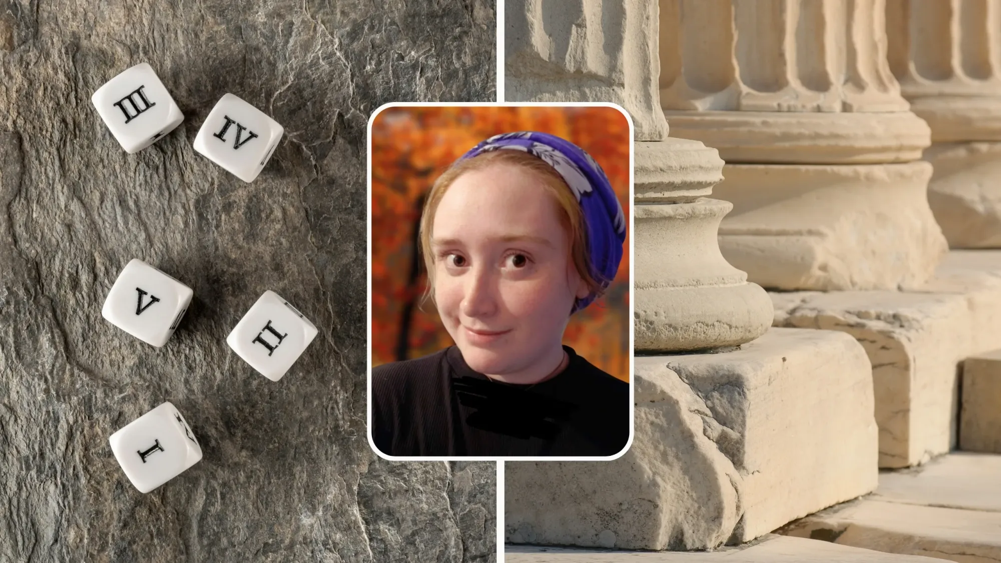 Portrait of Emory Glass over image of Greek columns and the die with Roman numerals I-V.