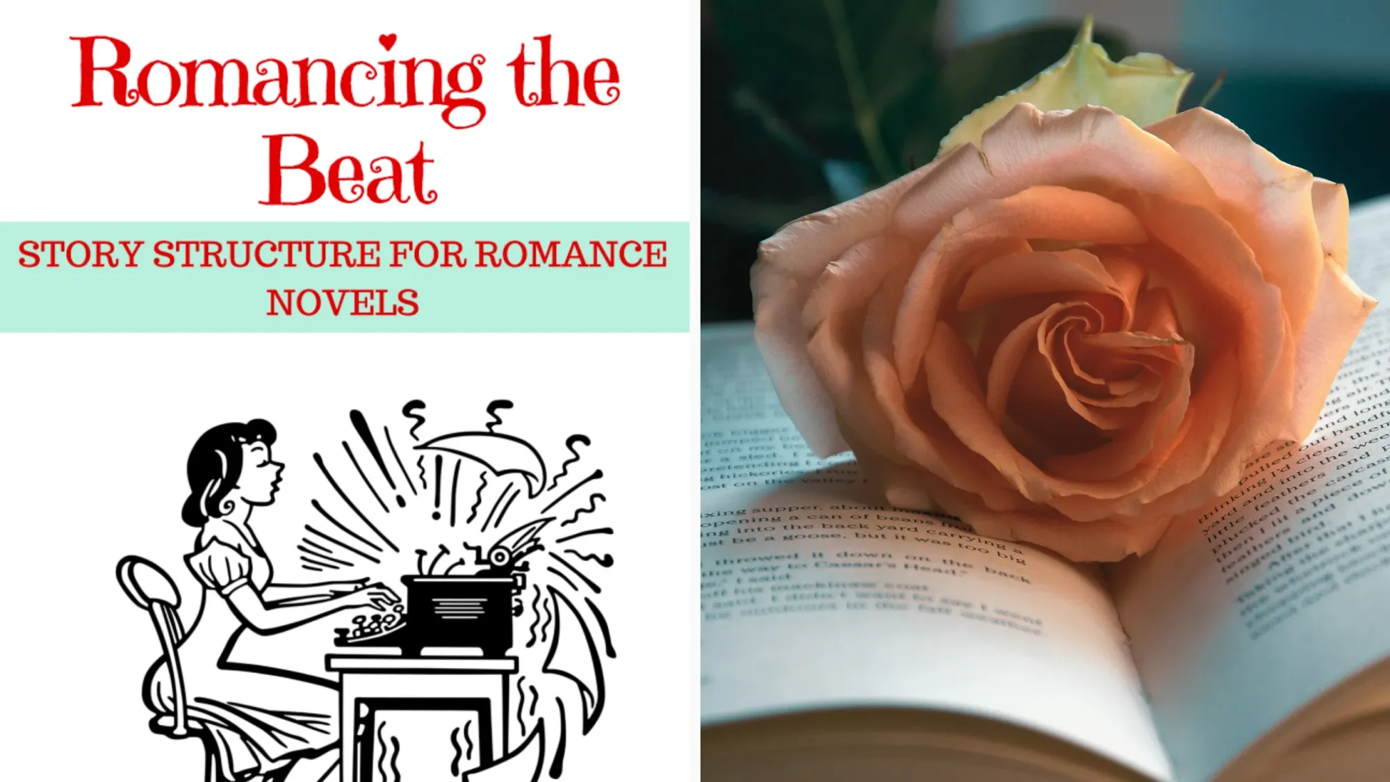 Book cover for Gwen Hayes' Romancing the Beat book on plot structure; peach-colored rose on book with pages open.
