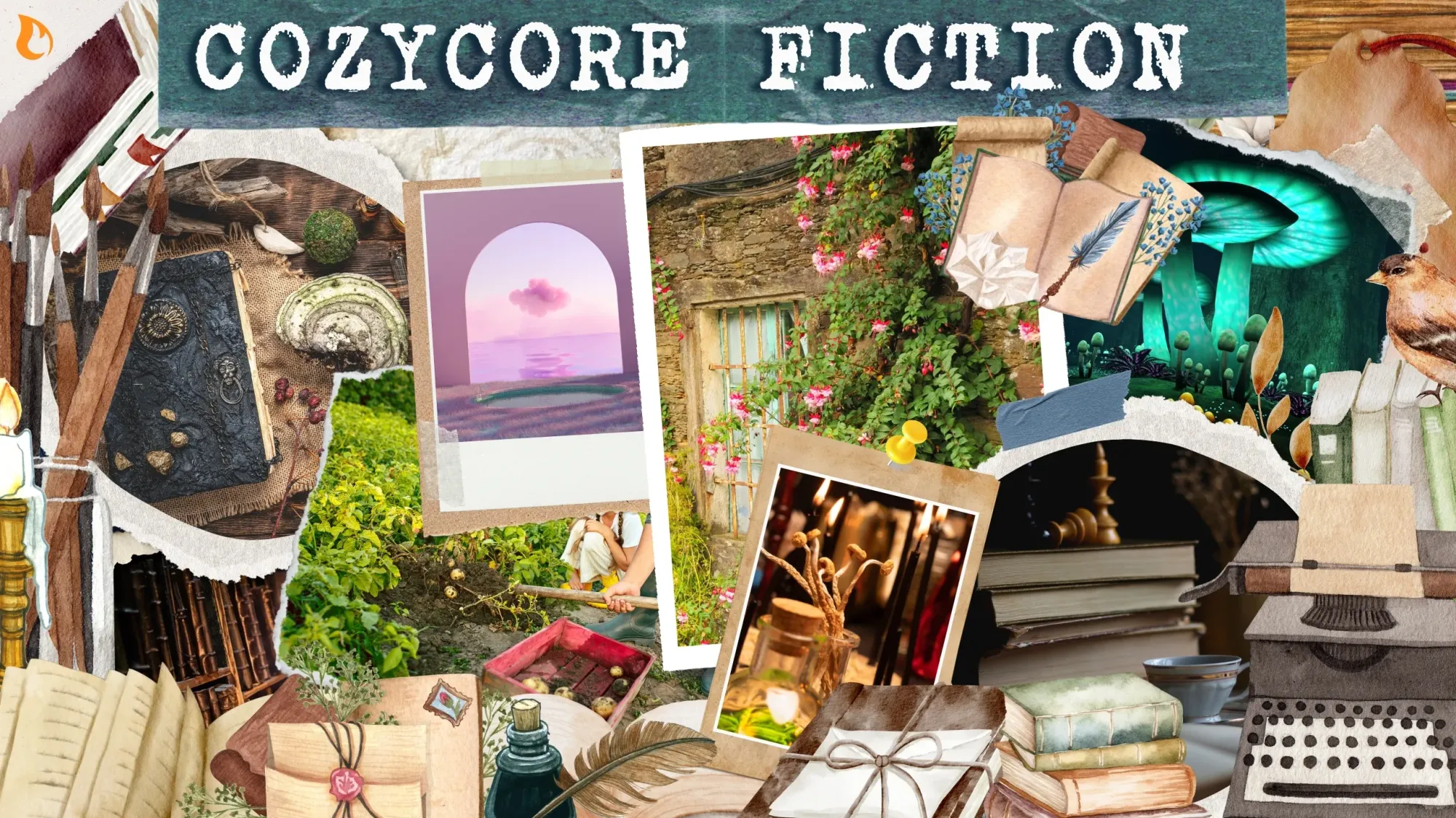 Collage-styled graphic in cozycore literary aesthetic.