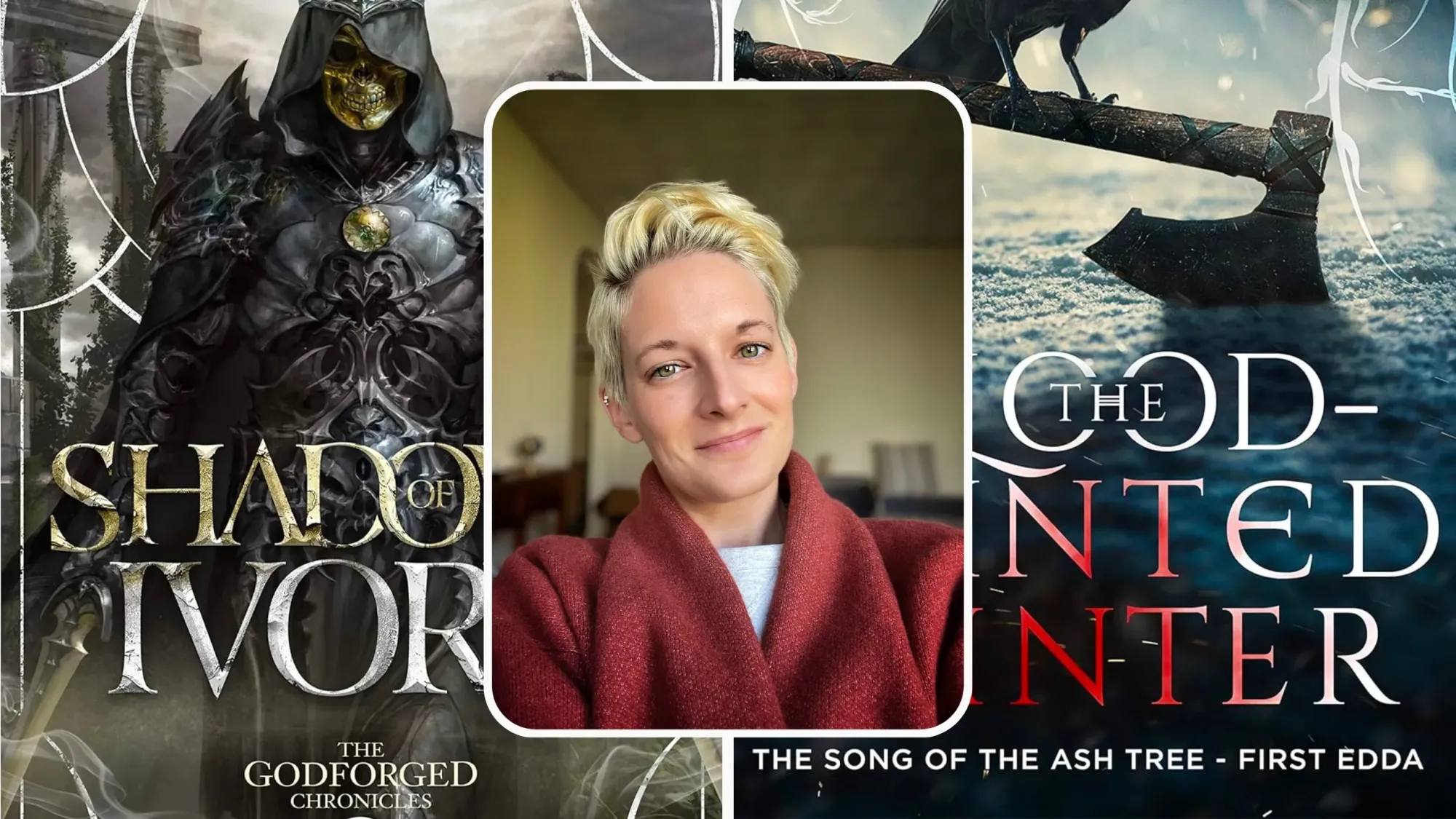 Author T.L. Greylock with the fantasy-styled book covers of her novels Shadows of Ivory and The God-Tainted Winter.