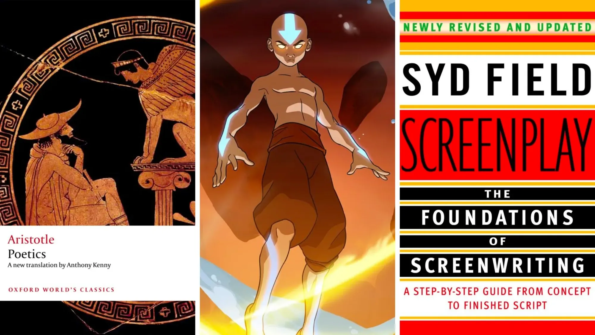 Book covers for Aristotle's Poetics (Oxford World's Classics) and Syd Field's Screenplay; Aang in Avatar: The Last Airbender.