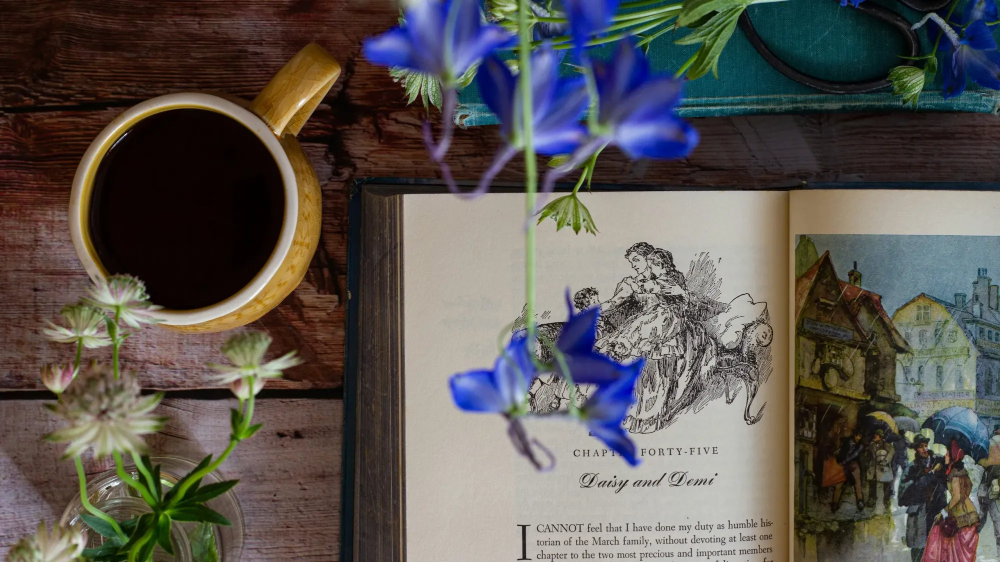 Reading Little Women with a cuppa tea and wildflowers.
