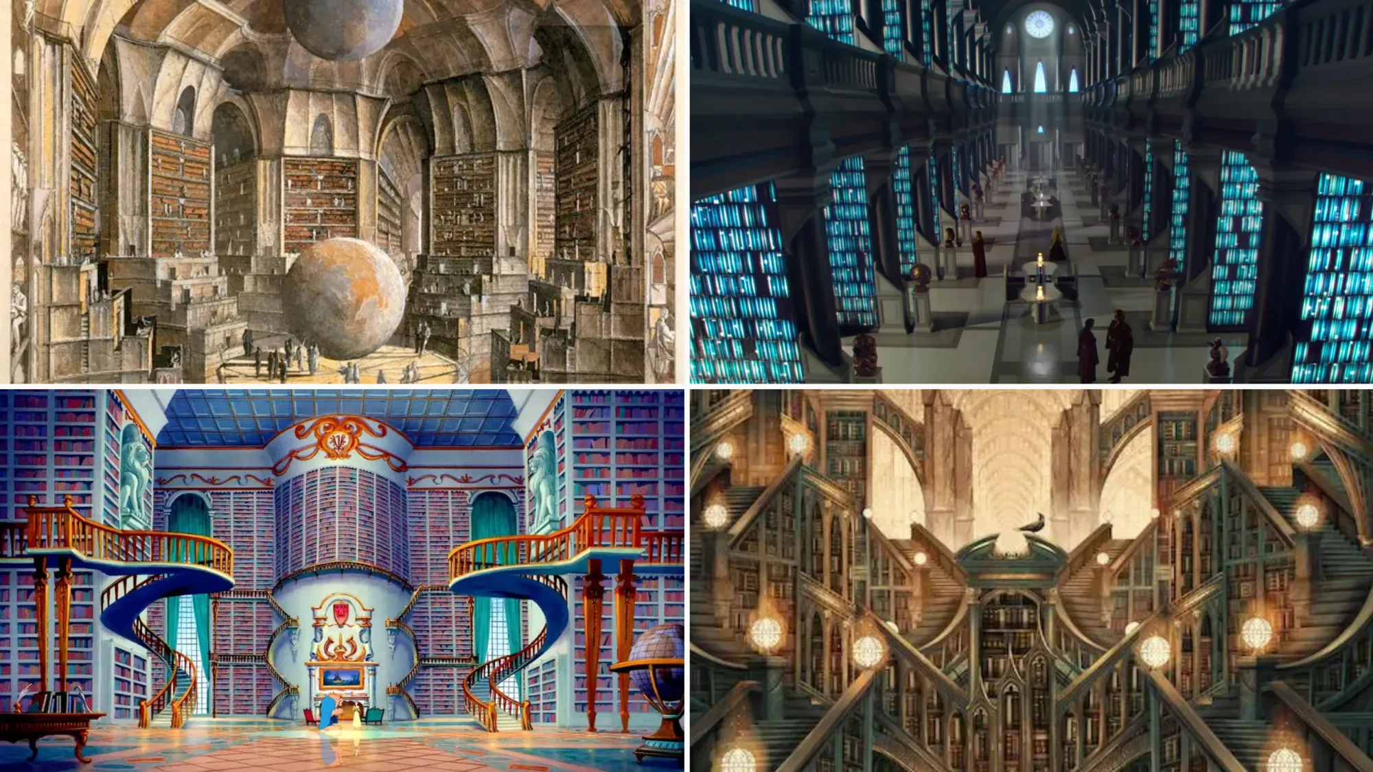 Four fictional libraries from The Library of Babel, Beauty and the Beast, Star Wars, The Book That Wouldn't Burn.