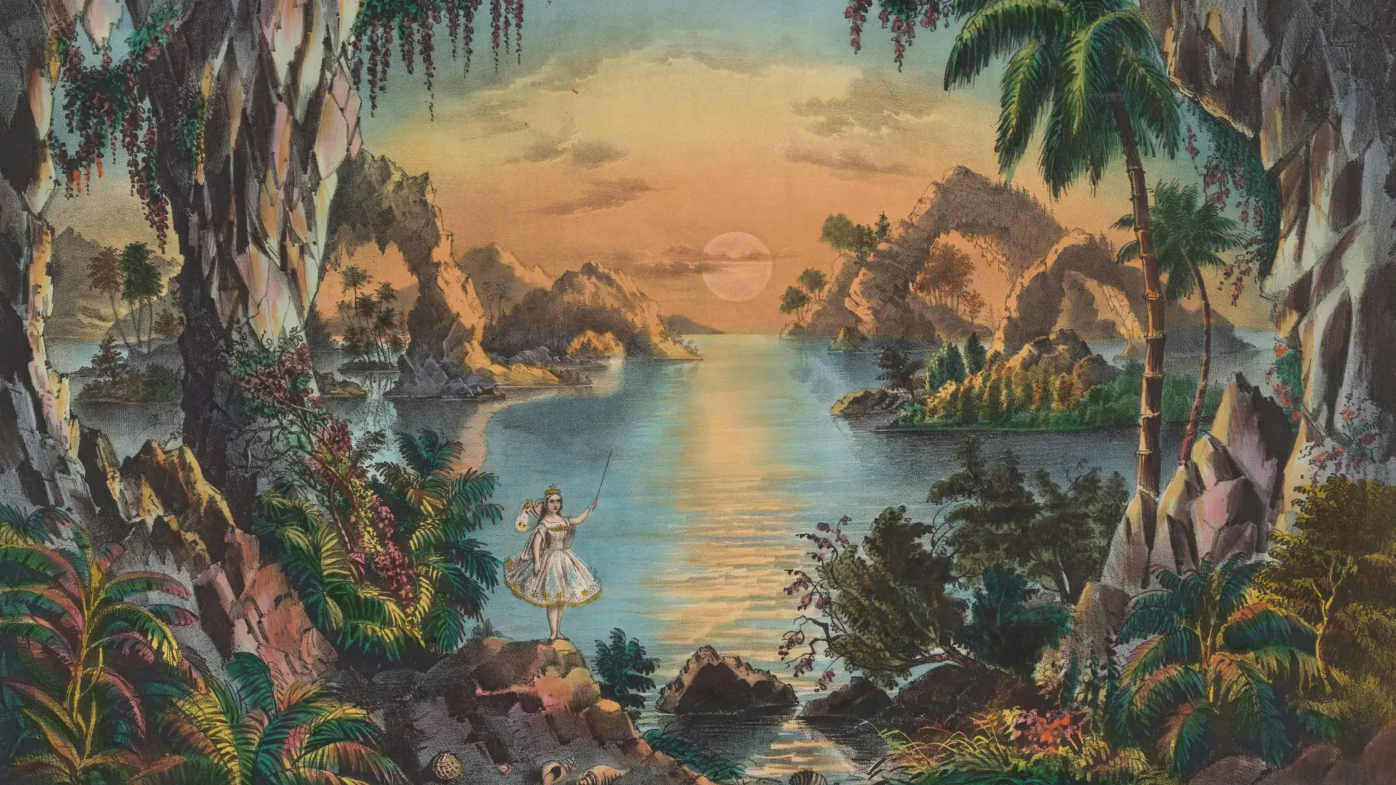 Fairy with wand standing on rock over body of water, viewing mountain.