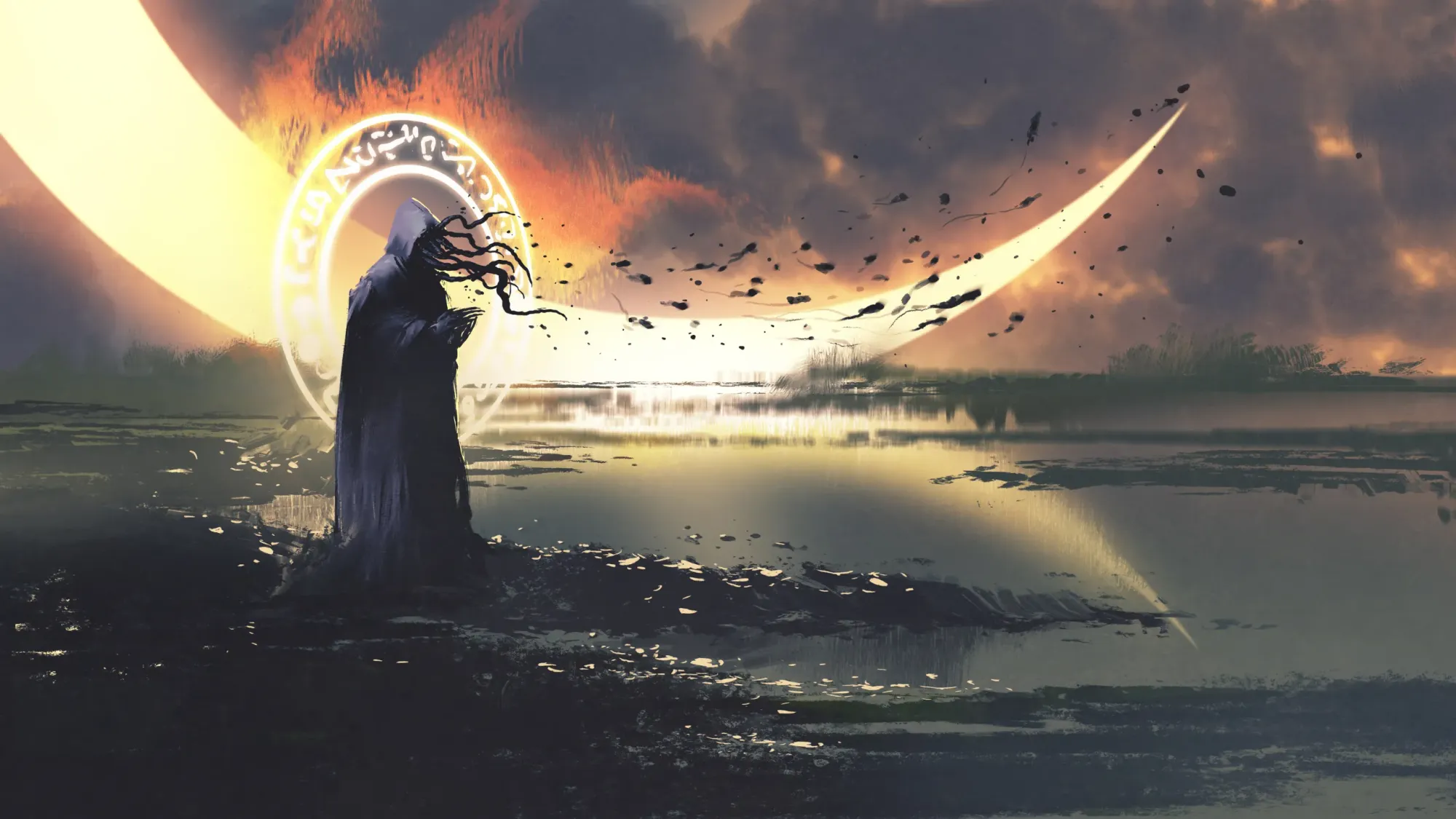Evil sorcerer casting spell under light of crescent moon.