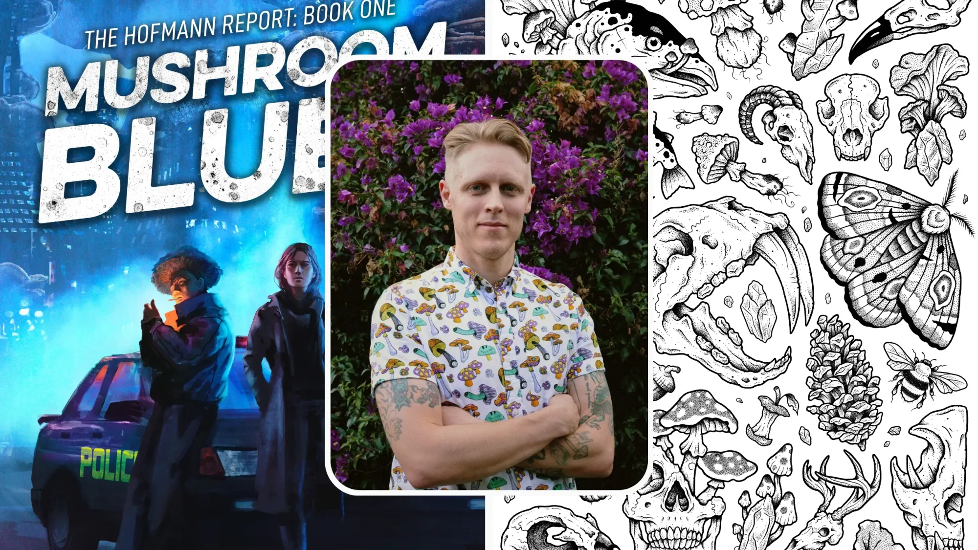 Image of Adrian Gibson wearing cartoon mushroom button-up, over Mushroom Blues cover and decayed nature art print.