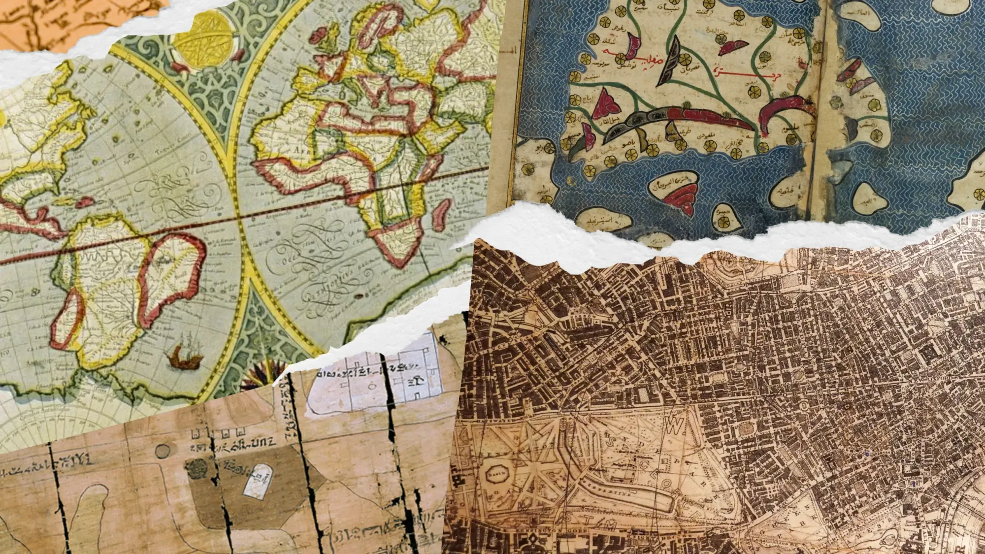 Collage of real historical world, country, and city maps.