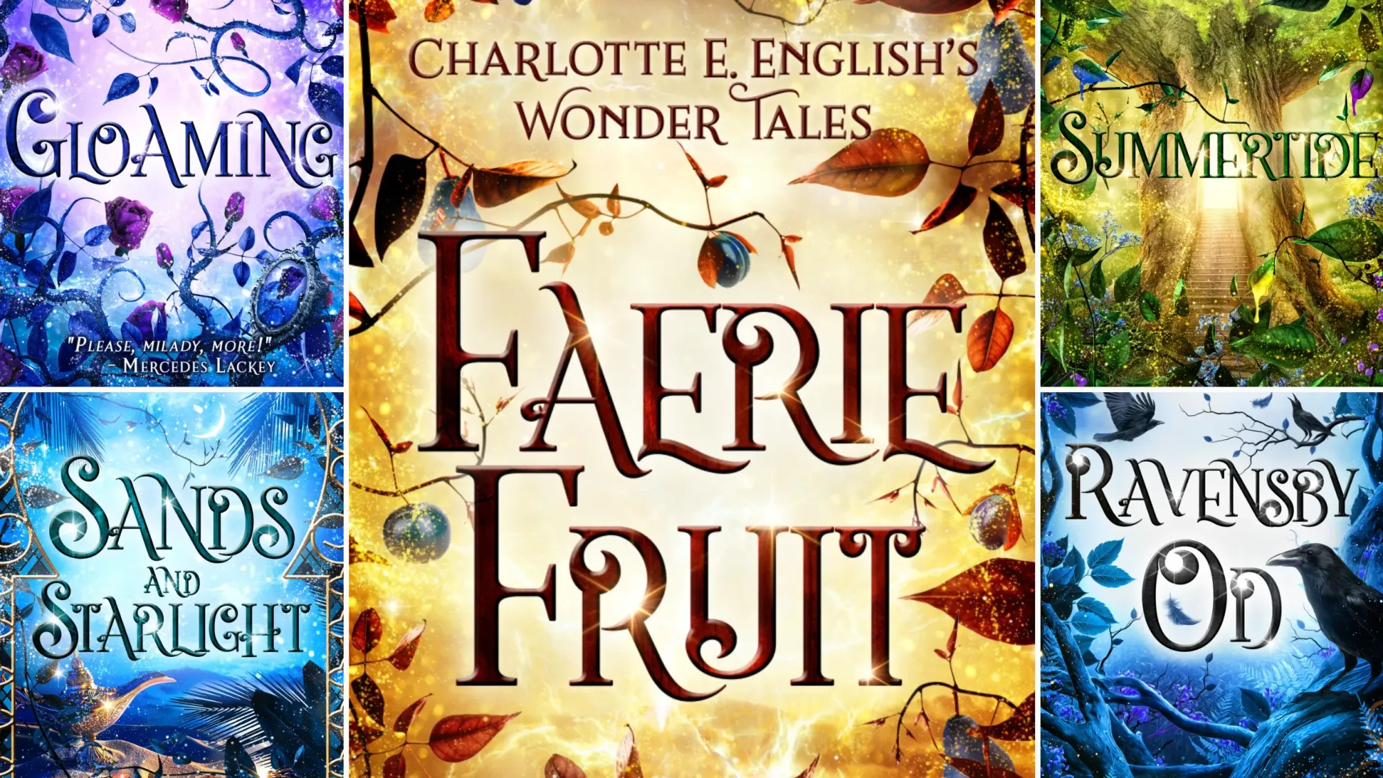 Five sparkling book covers for Charlotte English's collection of adult fairy tales.