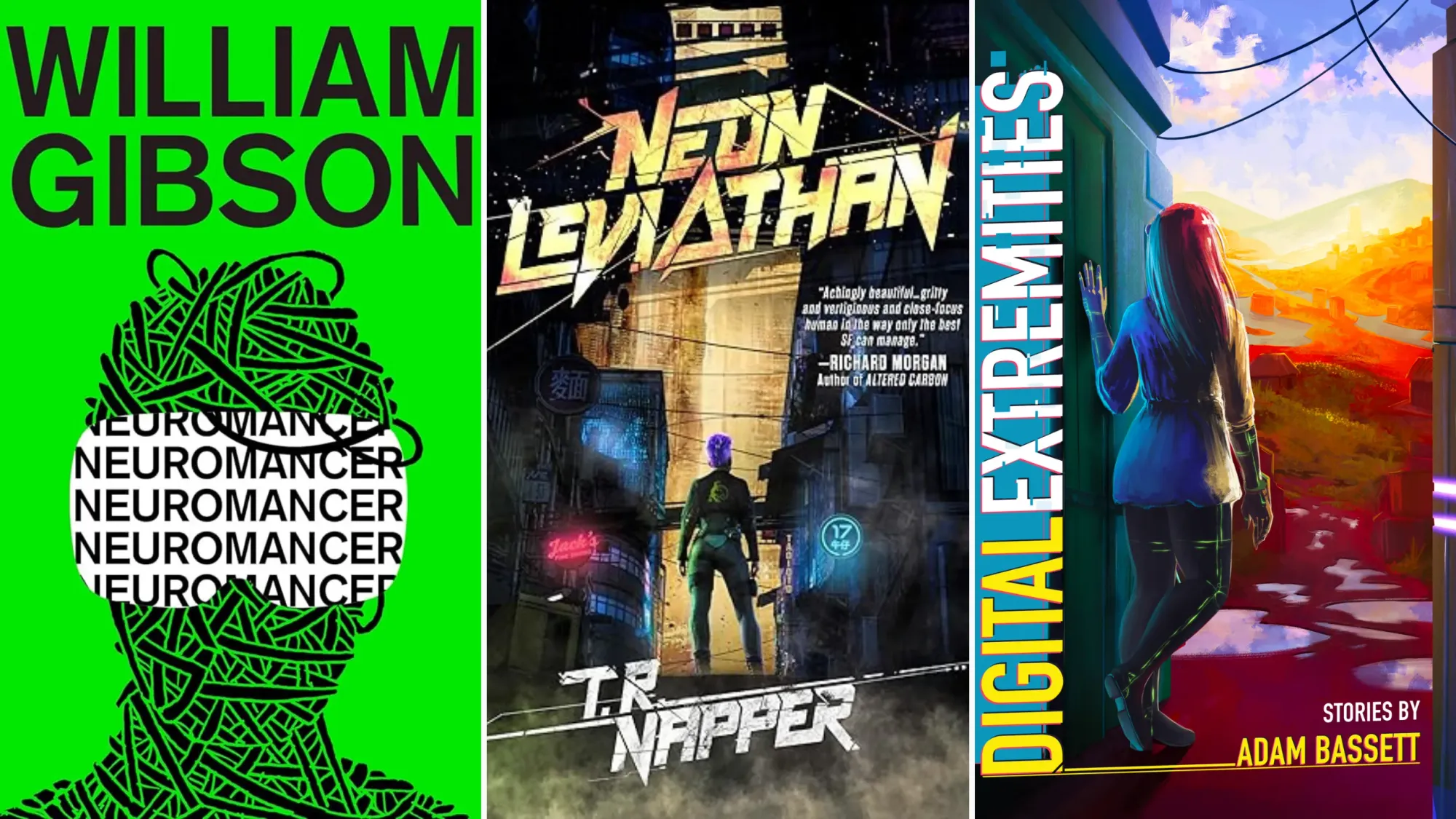 Cyberpunk book covers featuring common elements such as neon colors and bold typefaces.
