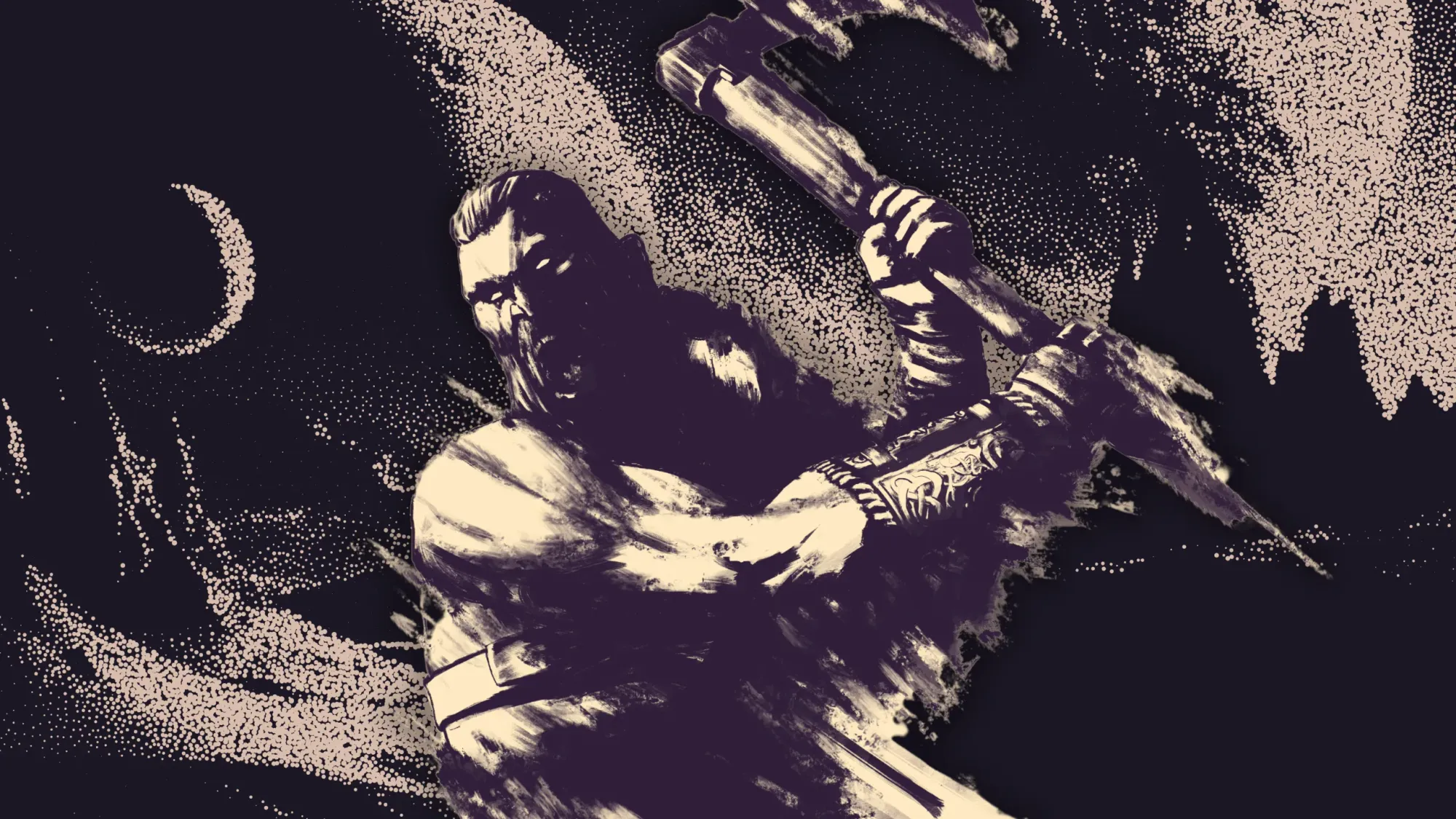 Retro action character in style of pulp fiction legend, Conan; on grainy alien planet background.