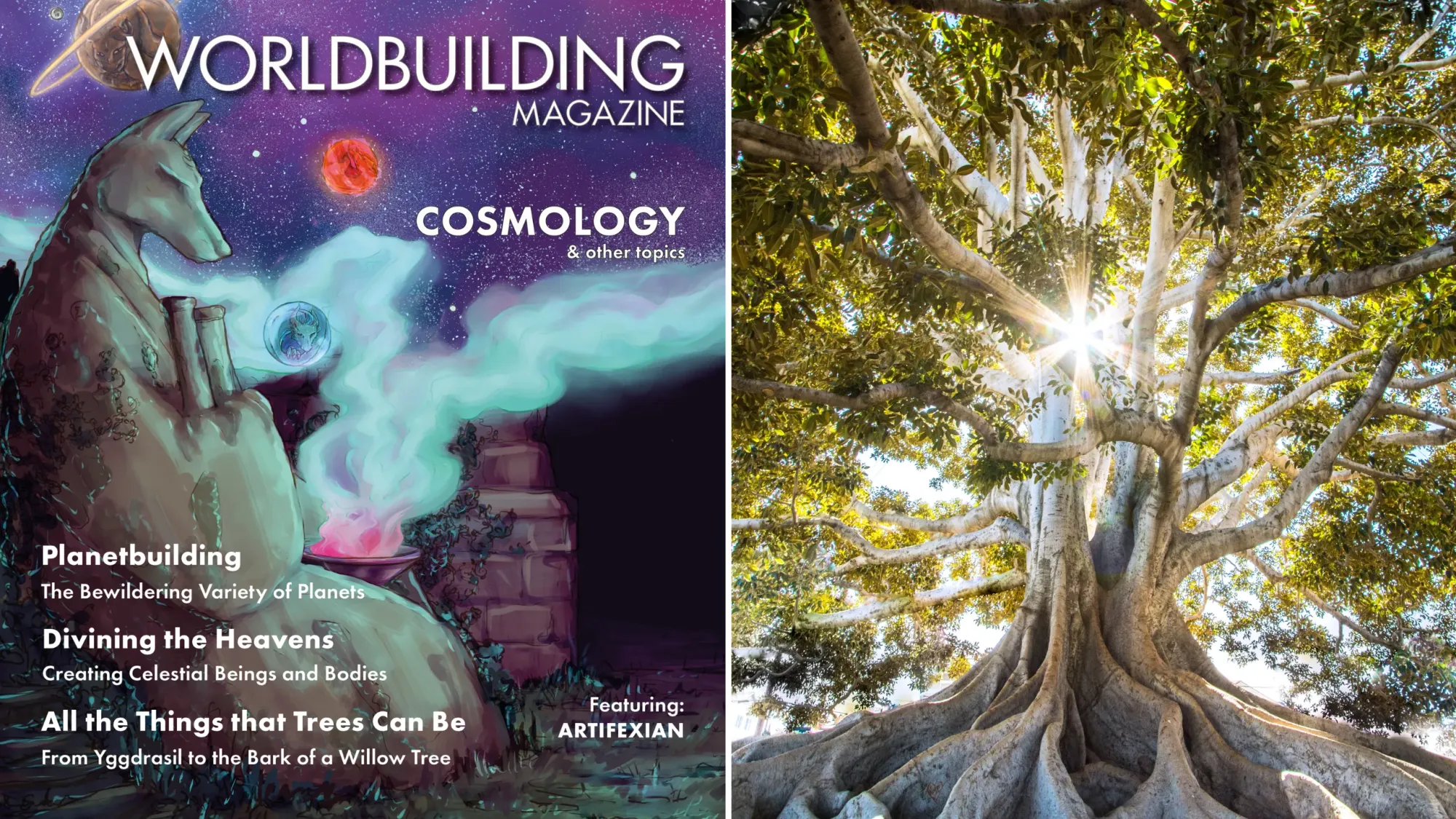 Worldbuilding Magazine issue cover with custom artwork pictured next to a large tree with light beaming through.