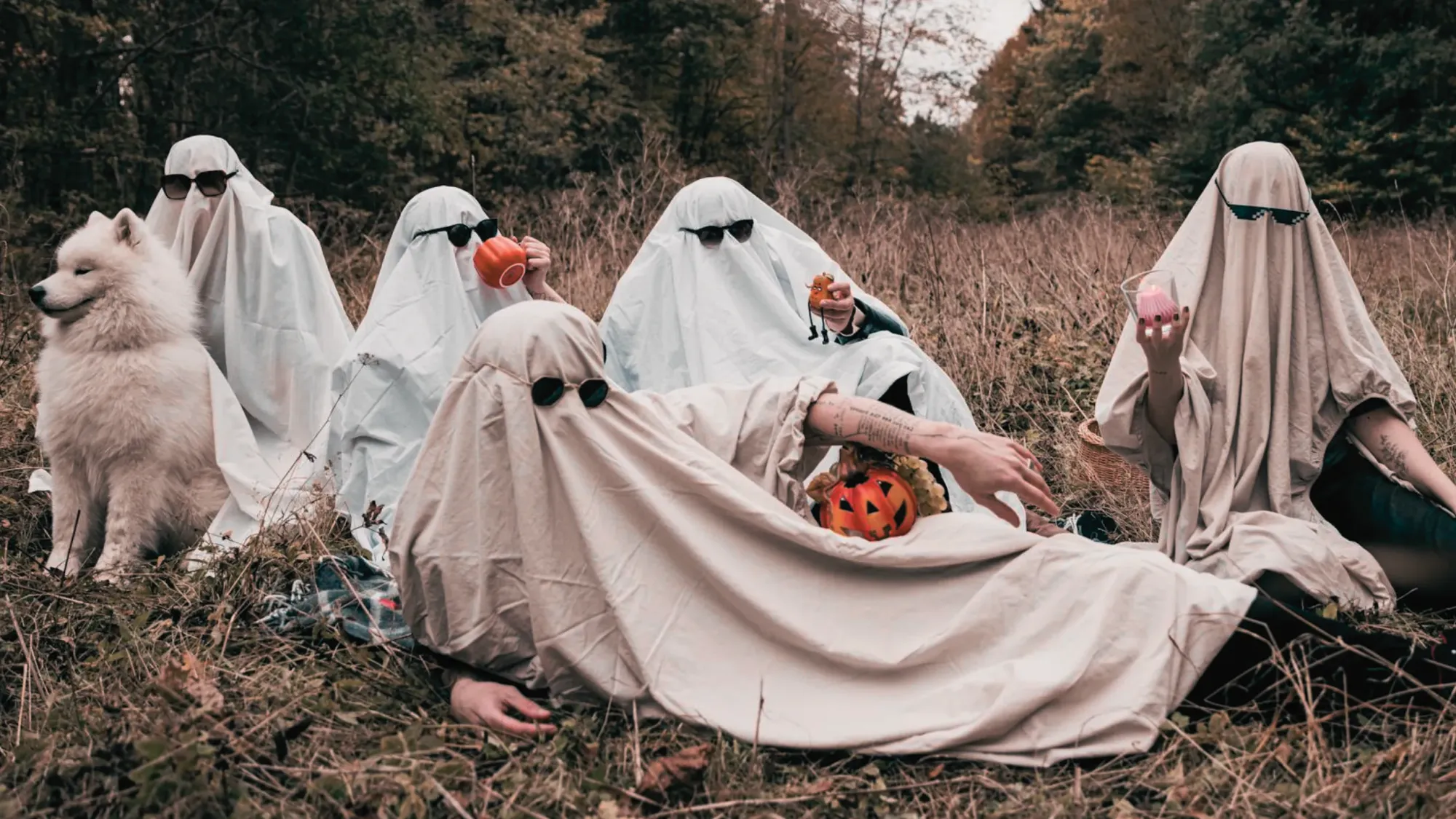 Cozy and quirky ghost family enjoying a picnic in a wooded area with fluffy dog.