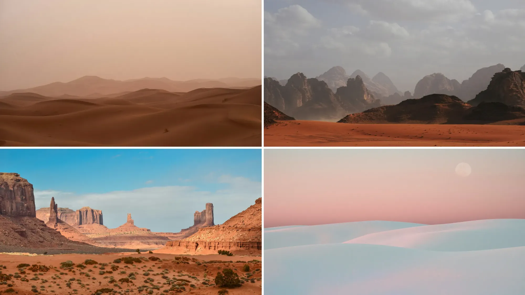Various images of deserts and arid regions from around the world.
