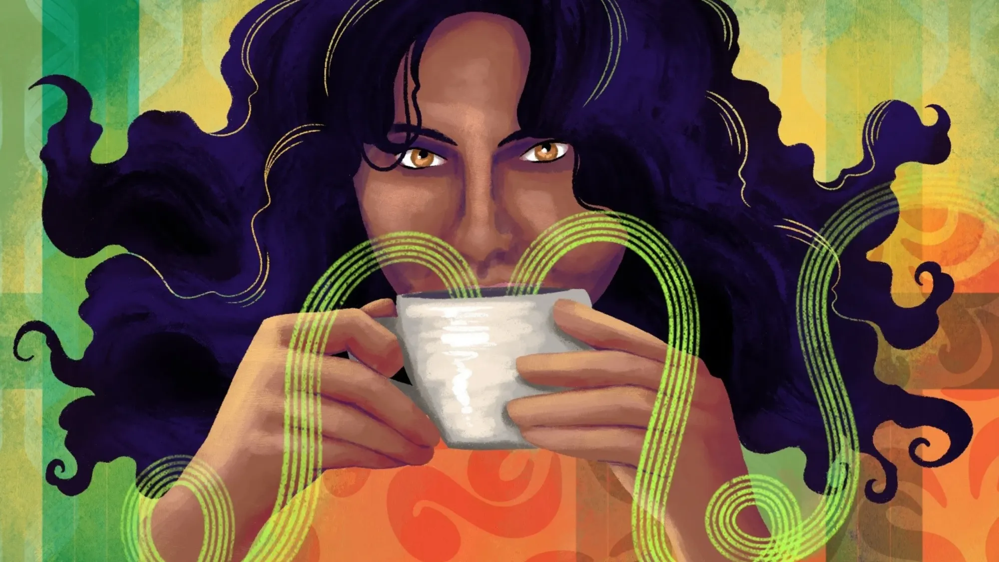 Woman with flowing hair drinks from a teacup with green elements swirling out of it.