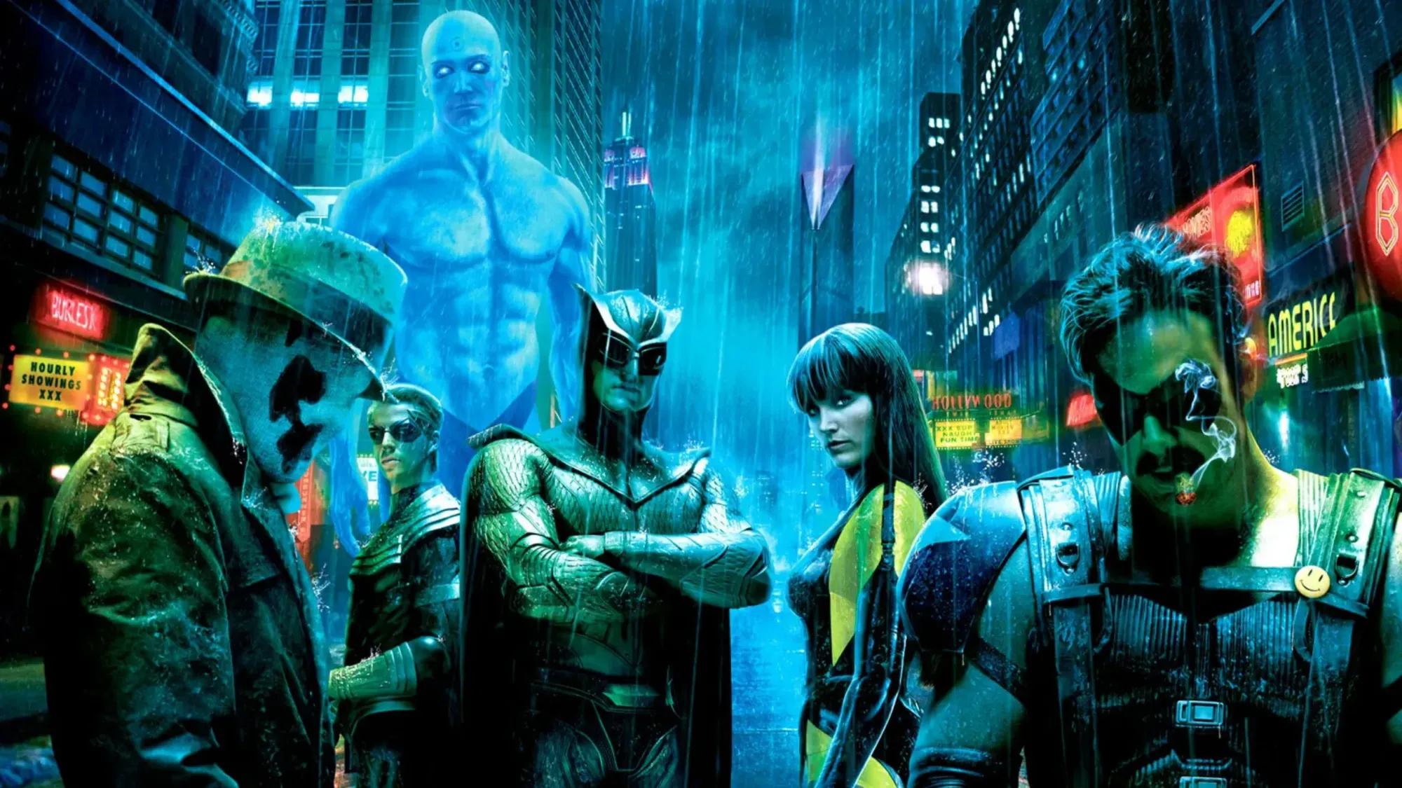 A collage featuring all the antiheroes from Watchmen, set against the backdrop of a rainy city.