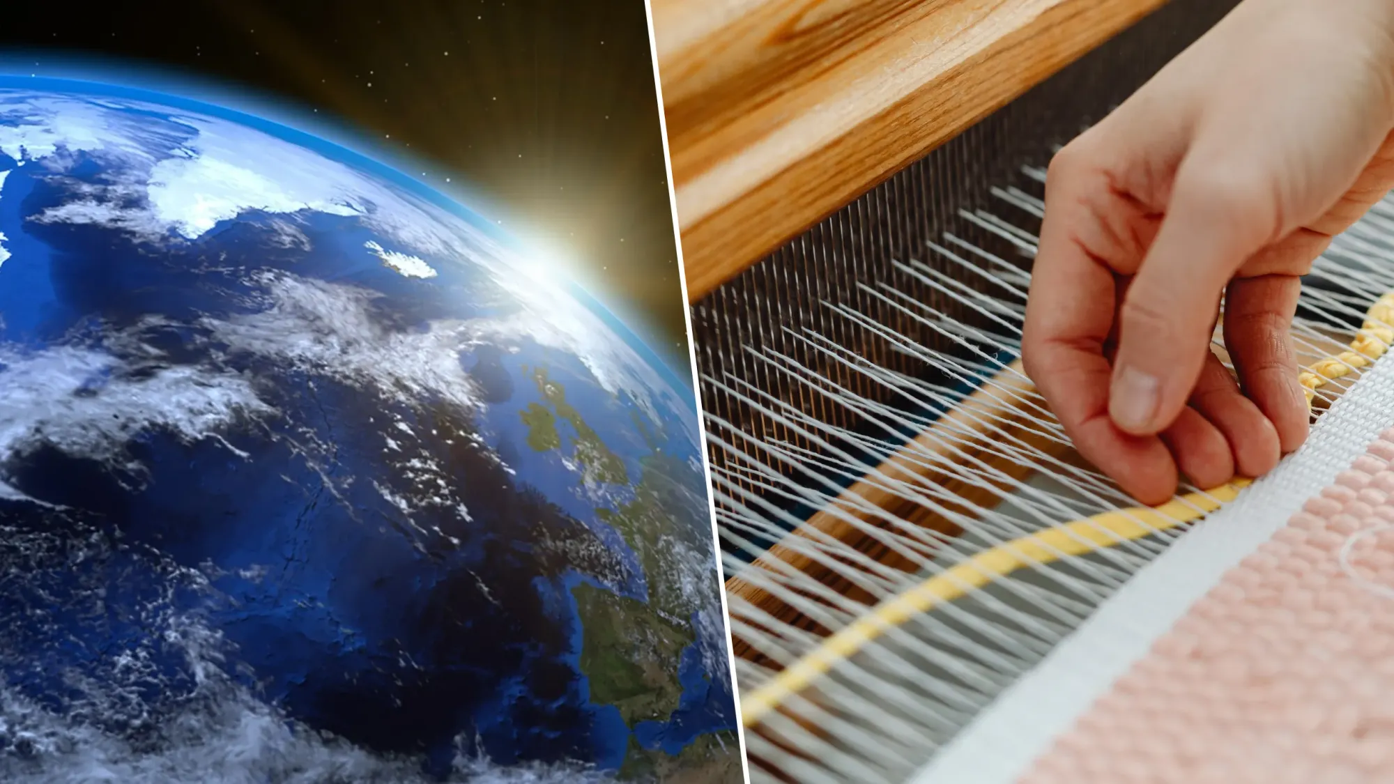 Artist's digital illustration of the earth and image of a person weaving fabric.