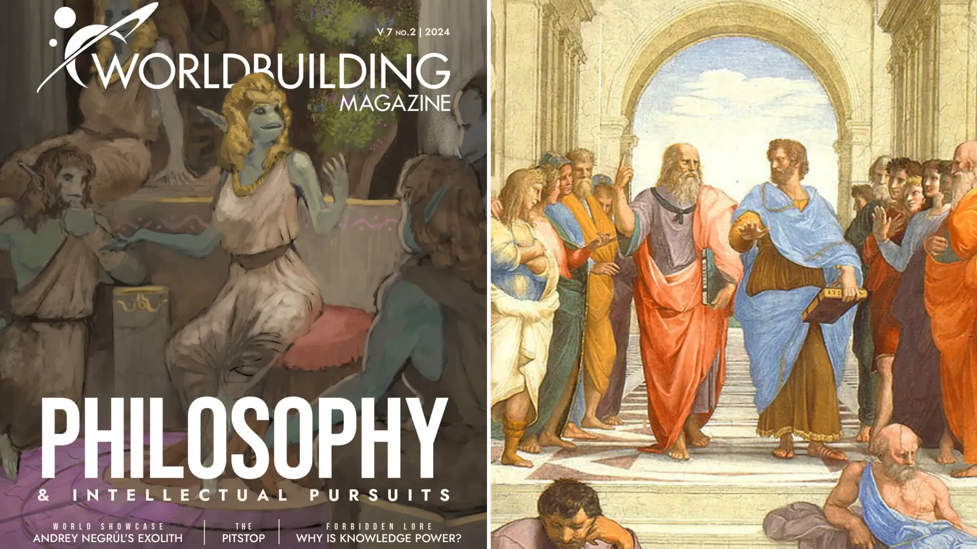 Worldbuilding Magazine's issue cover for "Philosophy & Intellectual Pursuits" next to a section of "The School of Athens".