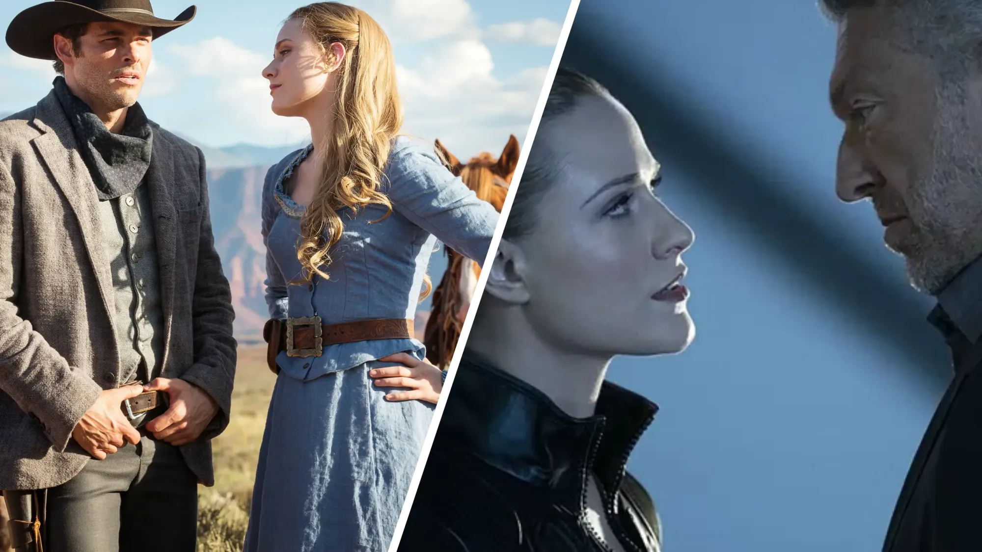 Characters from Westworld in scenes with two opposite aesthetics: western and sci-fi.