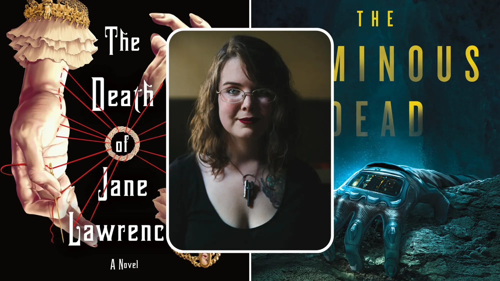 Headshot of author Caitlin Starling over the covers for her first two published books.