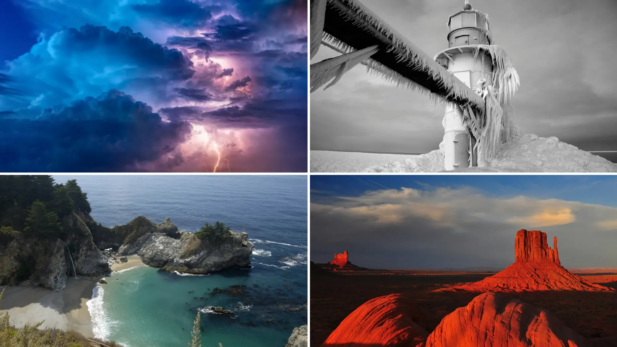 Photos of different climates around the world: a stormy setting, an island, a desert, and the arctic.