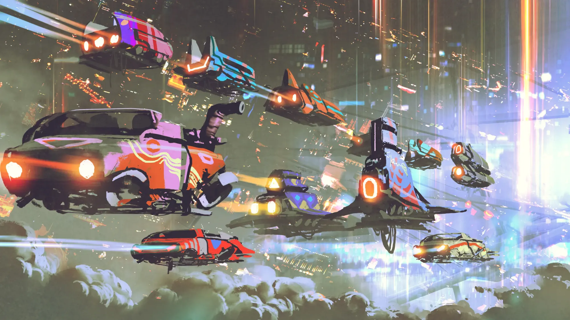 Flying car traffic in a futuristic city setting.