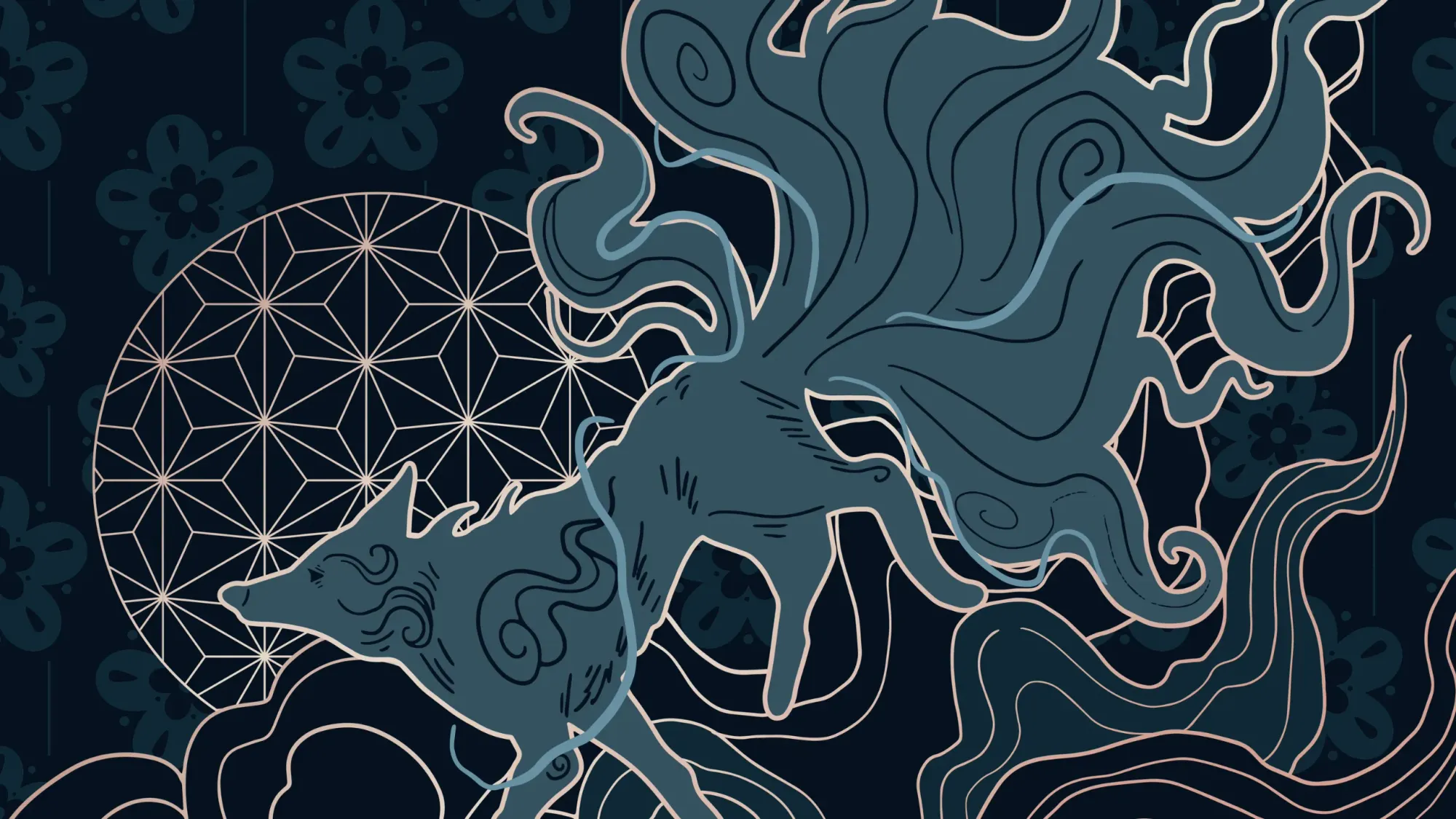 Abstract illustration of mythical nine-tailed fox.