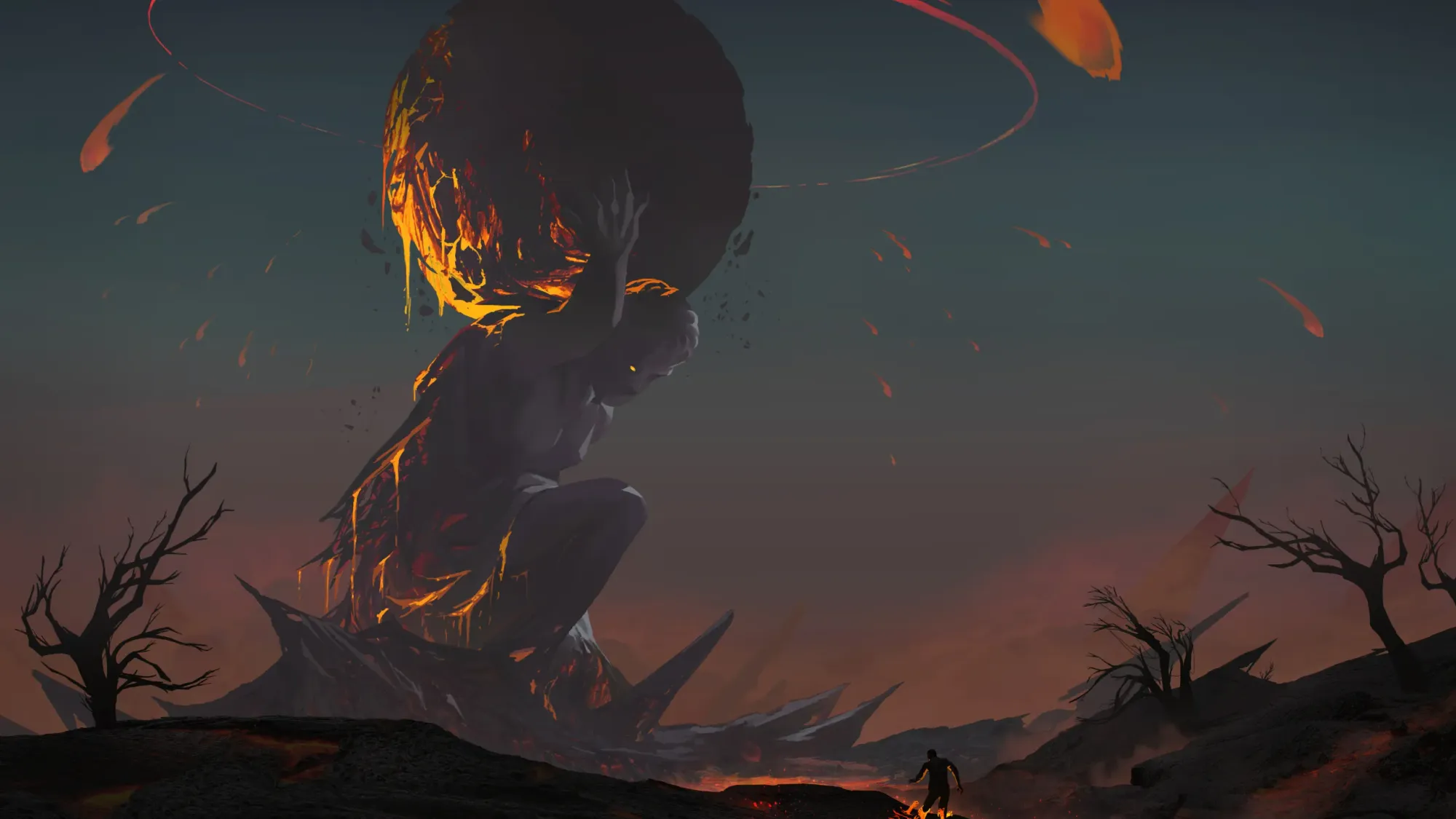 Digital illustration of broken mythical god statue in destroyed world concept scene.