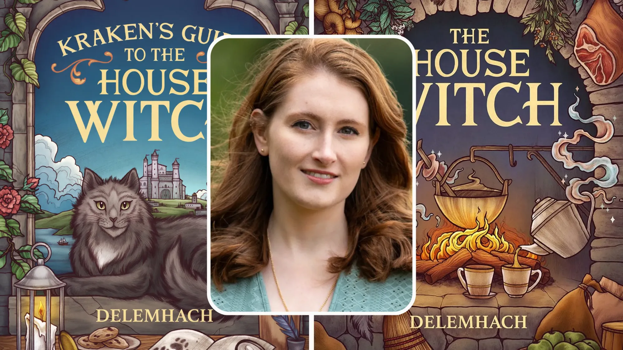 Portrait of Emilie Nikota next to the book covers for The House Witch and Kraken's Guide to The House Witch.