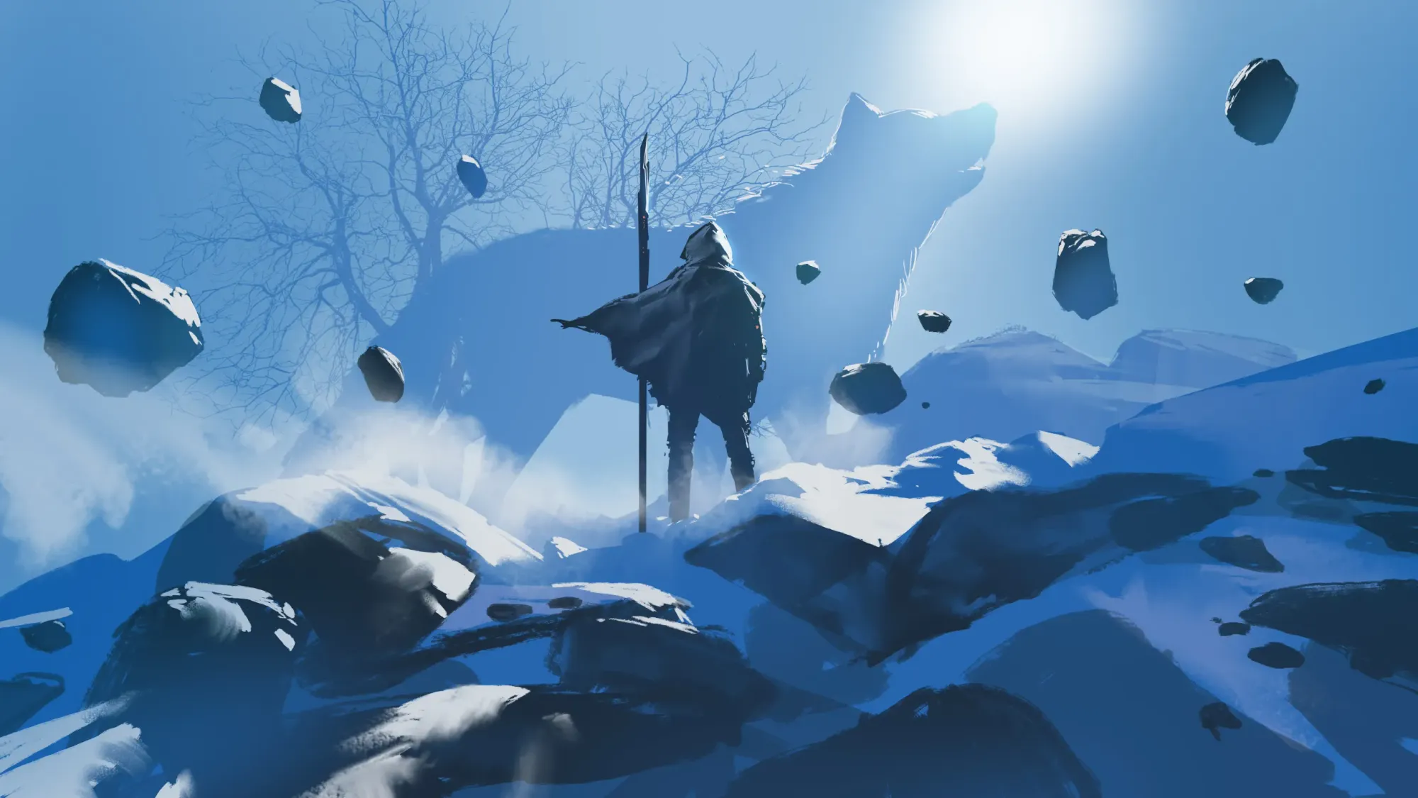 A hooded figure looks up to a mythical wolf in a snowy, rocky terrain.