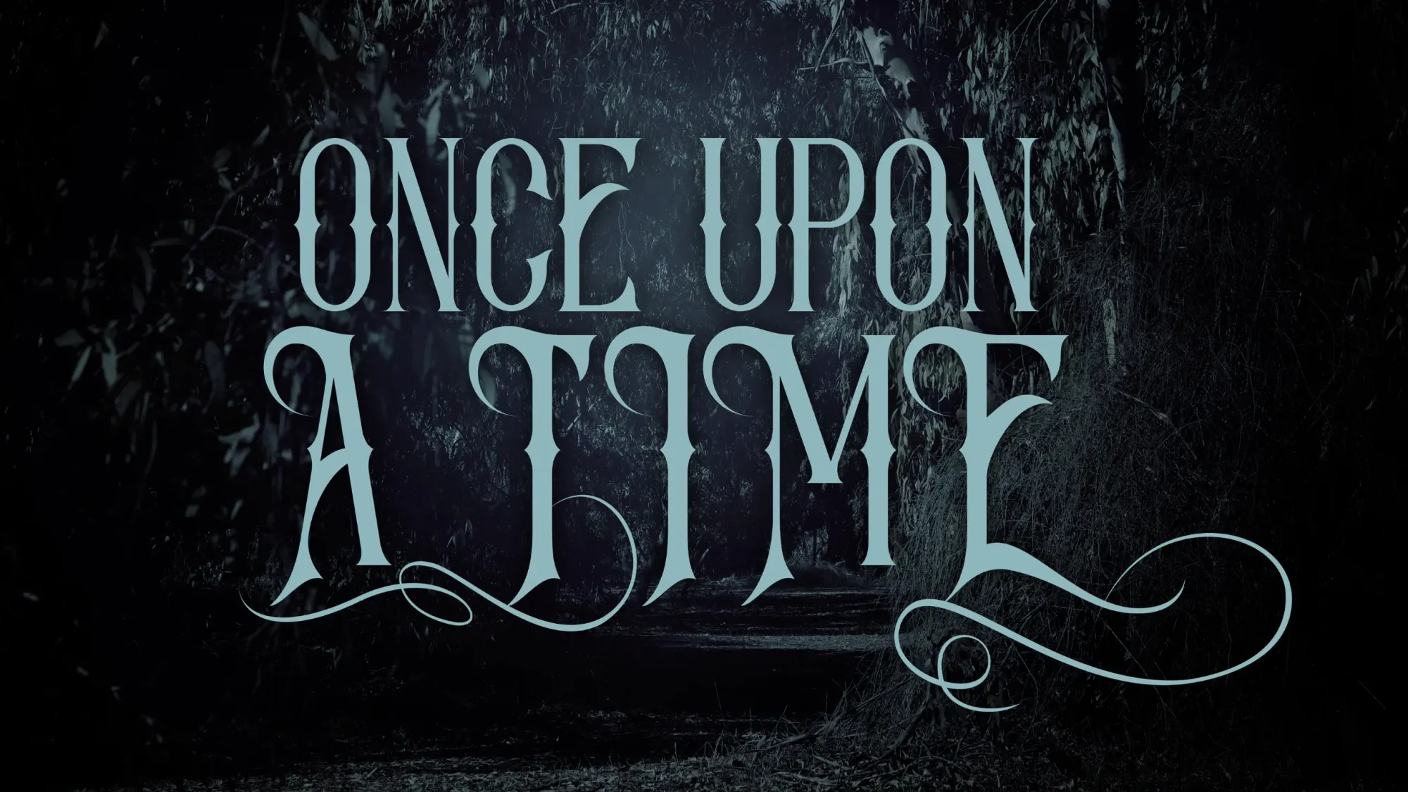 Dark forest with "Once Upon a Time" written on top in a heavily scripted font.