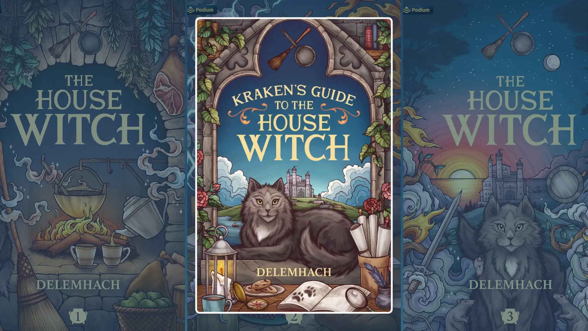 Book cover for Kraken's Guide to The House Witch on a transparent background, with the covers for The House Witch series beneath.